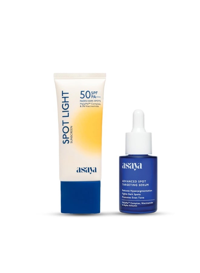 Asaya Spot Light Sunscreen SPF 50 & Advanced Pigmentation Serum (Pack of 2) | UVA/UVB & Blue Light Protection | Reduces Dark Spots, Acne Marks & Hyperpigmentation | MelaMe™ Complex, Niacinamide & Alpha Arbutin | Lightweight, Fast Absorbing & No White Cast | For Oily, Dry & Sensitive Skin | 50ml & 30ml - Image 1